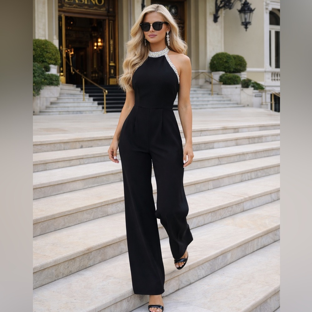 NWT Adrianna Papell Black Beaded Halter Jumpsuit Size 10